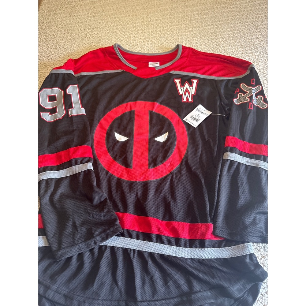 Marvel Deadpool Hockey Jersey Black Red  XS 91 Katana Graphic Mesh Shirt New